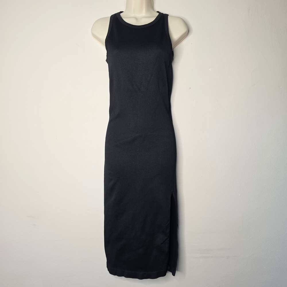 OQQ Midi Dress Womens L Black Ribbed Sleeveless Side Slit Bodycon Tank Dress